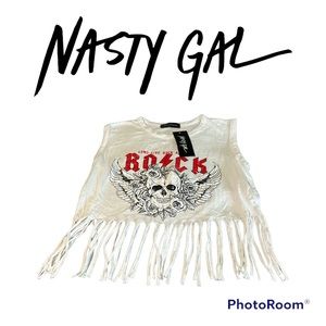 Nasty Gal NWT “We Built this City” Rock Distressed Fringed Crop Graphic Tee 8